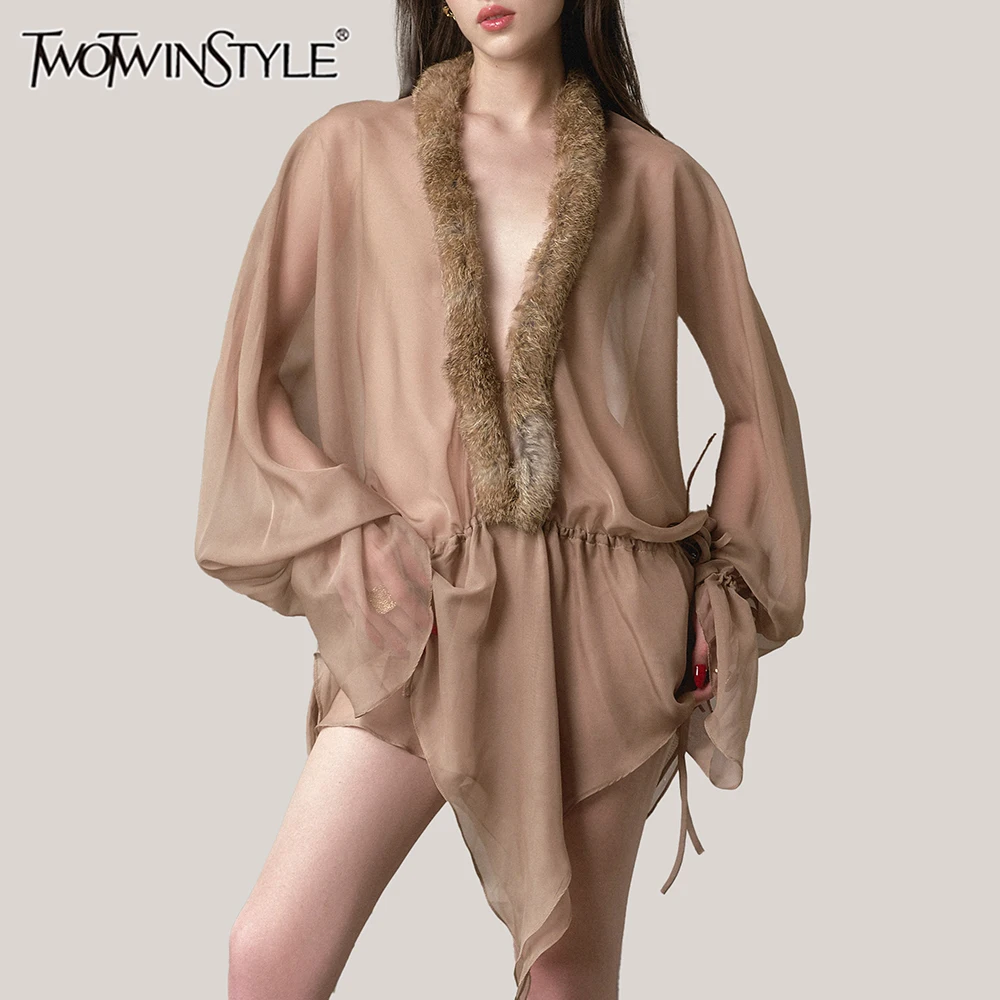 TWOTWINSTYLE Loose Sheer Spliced Fur Collar Sexy Dresses for Women V Nedck Long Sleeves Tunic Patchwork Ruffles Dress Female New
