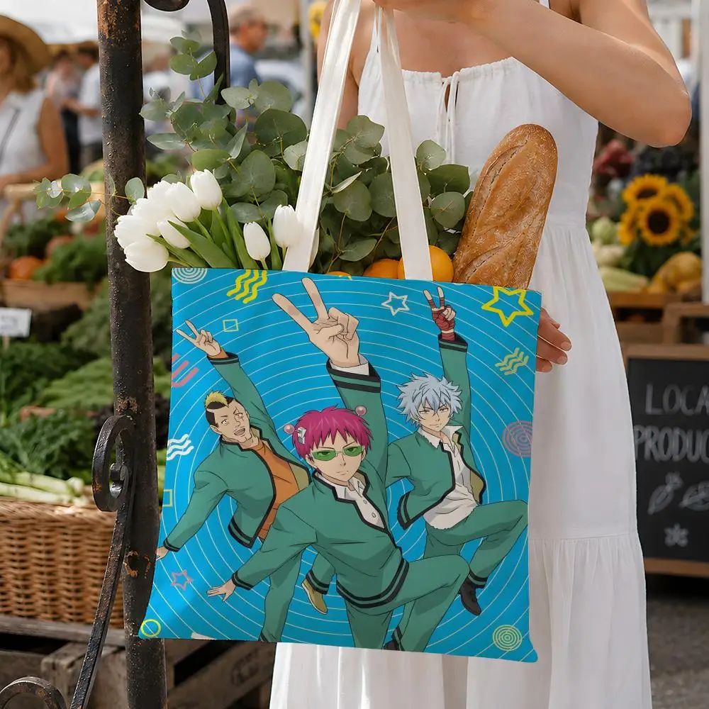 Anime Saiki K Character Storage Bags Fashion Cotton 12/16oz Canvas Tote Bag Eco Friendly Reusable Large Capacity Shopping Bag