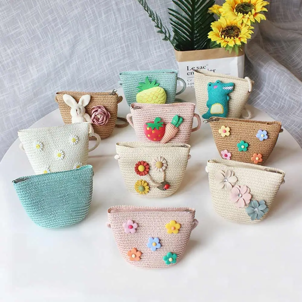 

Cute Straw Shoulder Bags Baby Girls Handmade Woven Crossbody Bag Princess Kids Messenger Bags Mini Coin Purse Beach Handbags
