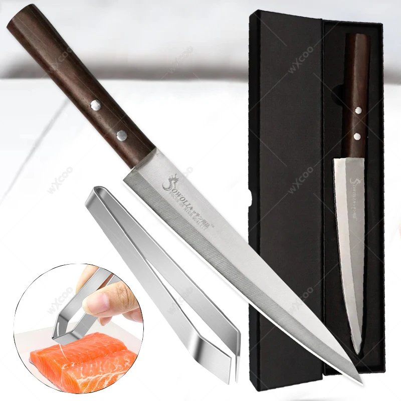 

WXCOO Japanese Sashimi Knife Stainless Steel Willow Blade Chef Knife Salmon Sushi Cooking Knives Fishbone Clip with Box