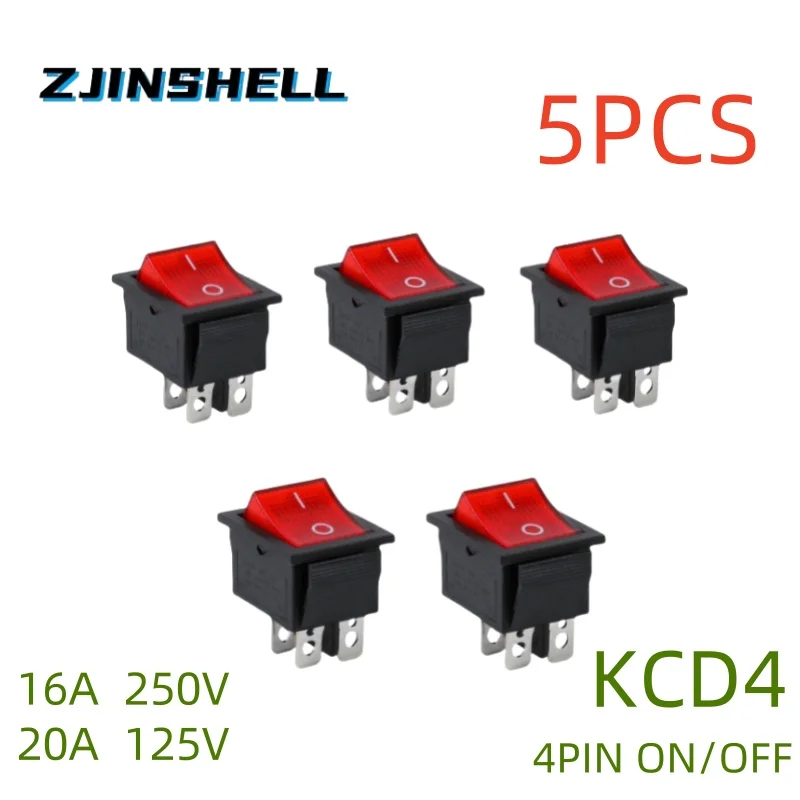 

5 шт., 2-позиционный кулисный переключатель с красным светом, 16 А/250 В, KCD4-202, 4-контактный тумблер ВКЛ/ВЫКЛ, 35 x 25,5 x 10 мм