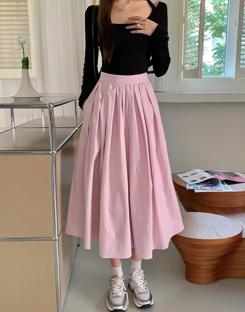 

Coigarsam Women Skirt Summer 2024 New Cute Flounced Solid Folds High Waist Pink Skirts