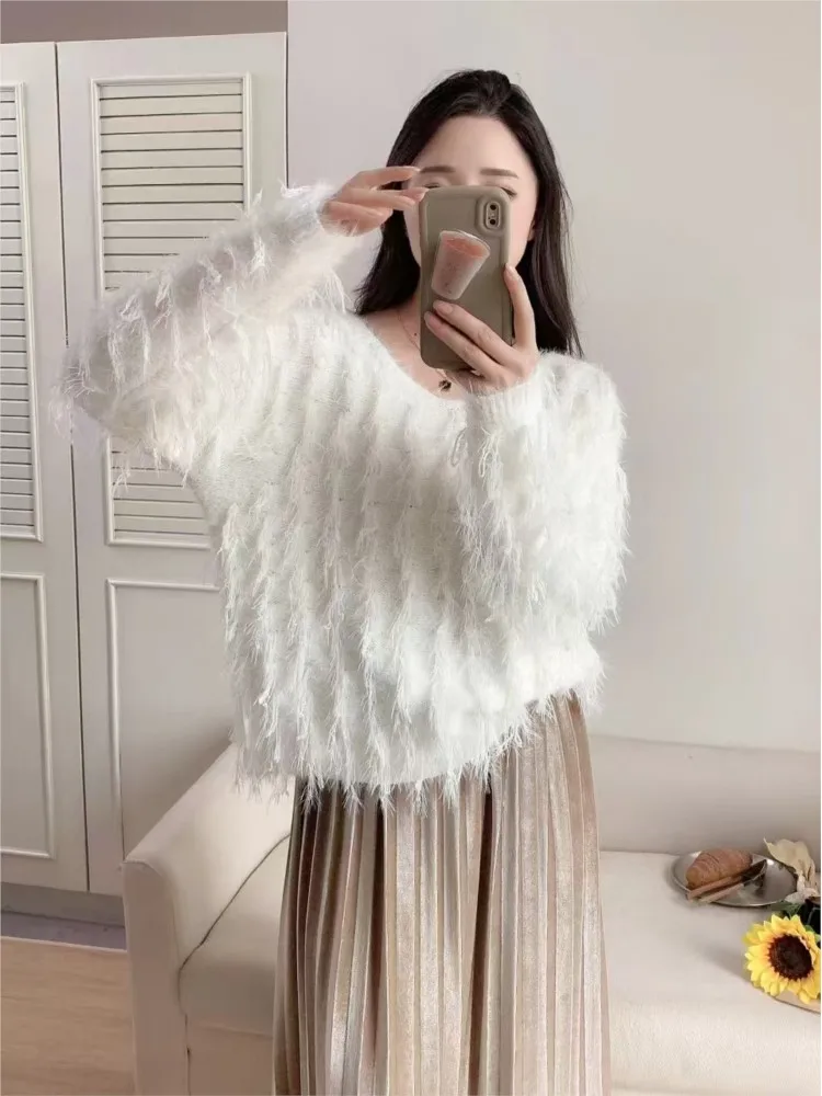 Knitted Autumn Winter Furry V-Neck Pink Pullover Sweater Women Korea Style Loose Modis Ladies Sweaters Long Sleeve Woman Sweater