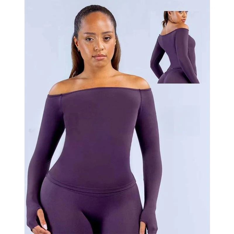 denyf new off shoulder long sleeve t shirt moisture wicking high elastic quick dry outdoor running fitness yoga wear for female