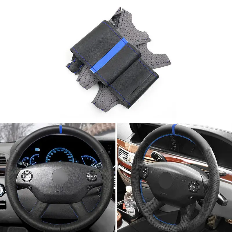 Blue-stitching Car Interior Steering Wheel Cover Leather Trim For Mercedes Benz S-Class W221 2006-2009 CL-Class C216 2006-2010