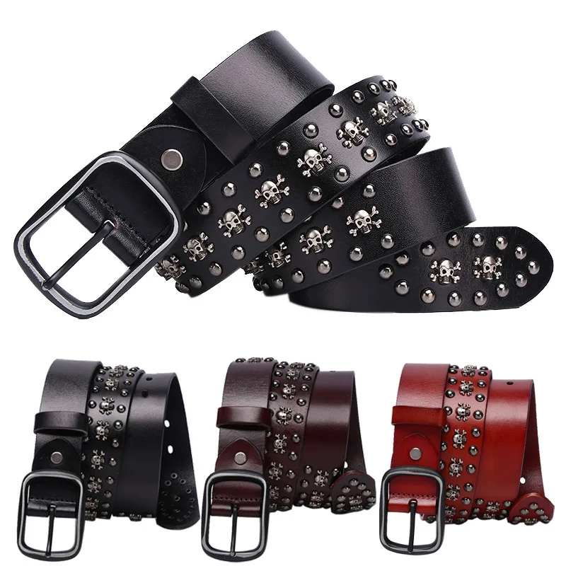 

men's and women's neutral cowhide belt punk rivet belt skull decoration personality Pin Buckle Cowskin Genuine belt