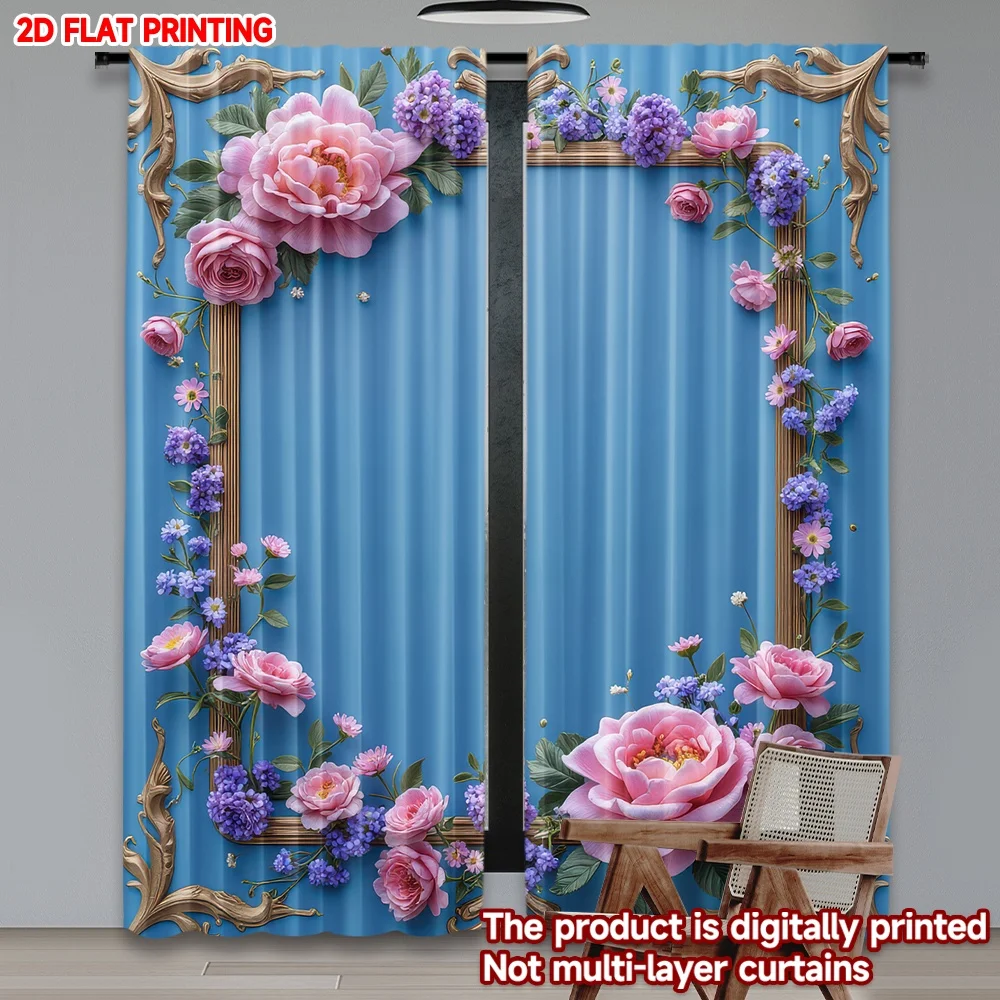 

2D flat printing 2pcs Drapes Floral Frame Digital Printed Polyester Drapes Birthday Party Perfect for New Year Celebrations