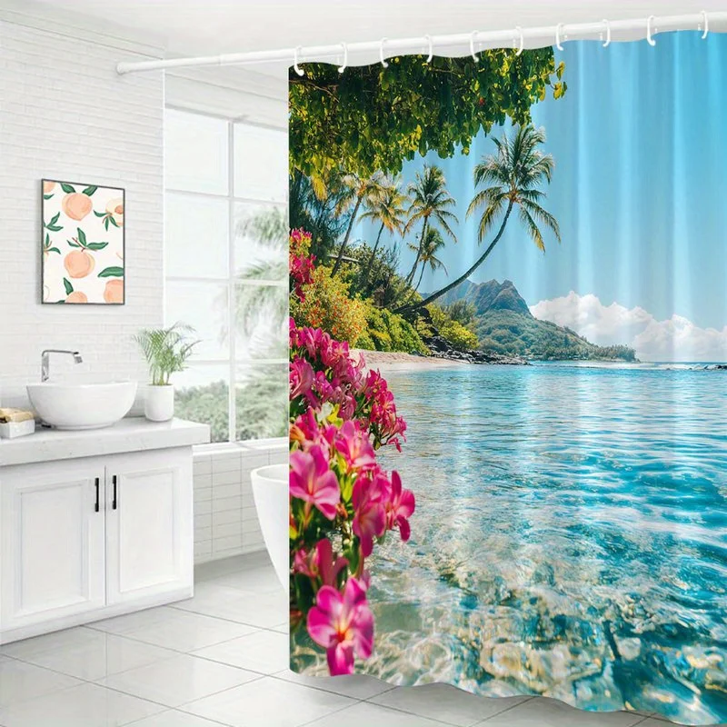 Waterproof Tropical Beach Shower Curtain Bathroom Liner Ocean View Paradise Palm Tree Floral Foliage Shower Curtain Decor Access