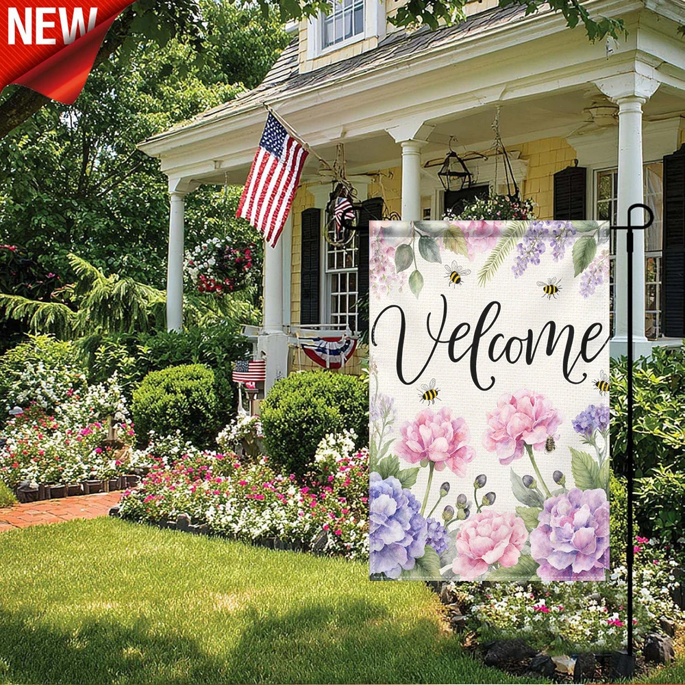 

1PC, Welcome Floral Bee Garden Flag Watercolor Pink Purple Flower Outdoor Decorative Yard Flag