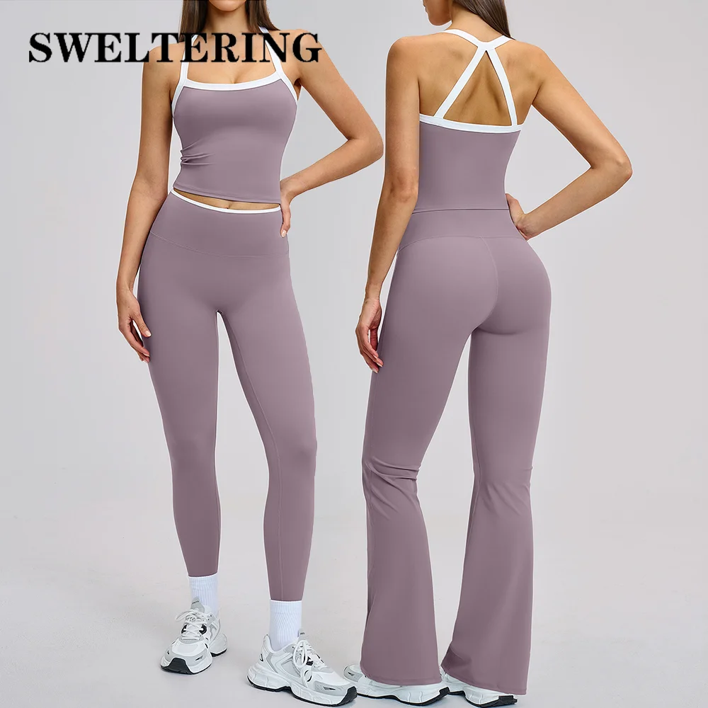 2PCS Women Tracksuit Yoga Suit Sportswear Gym Clothes High Waist Flared Pants Outfit Female Fitness Running Sets Workout Clothes
