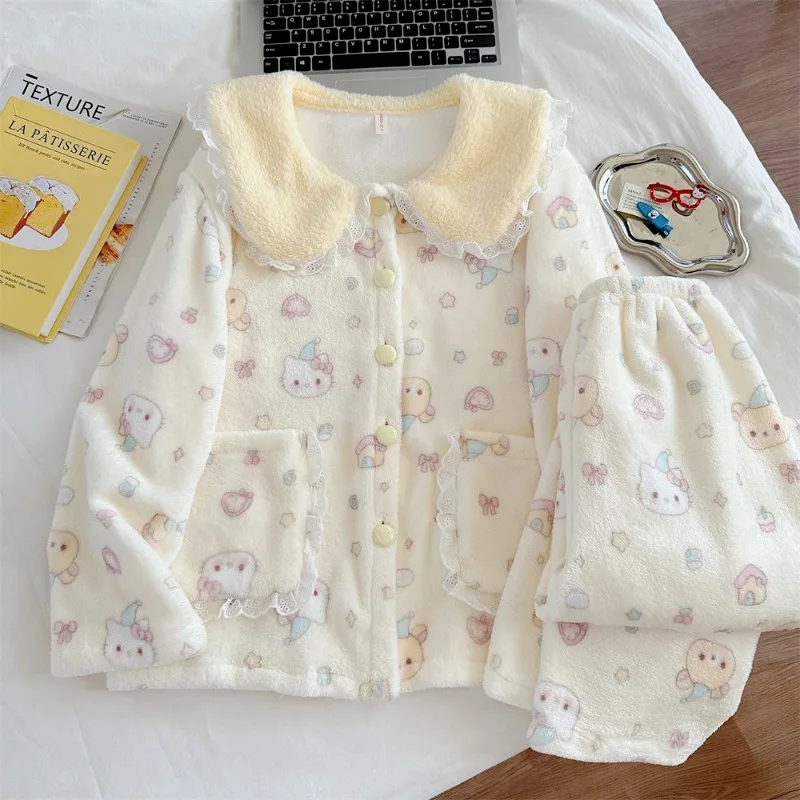 Kawaii Rilakkuma Women Thickened Baby Collar Pajamas Set Anime Cartoon Girls Bear Winter Sweet Warm Cardigan Flannel Homewear
