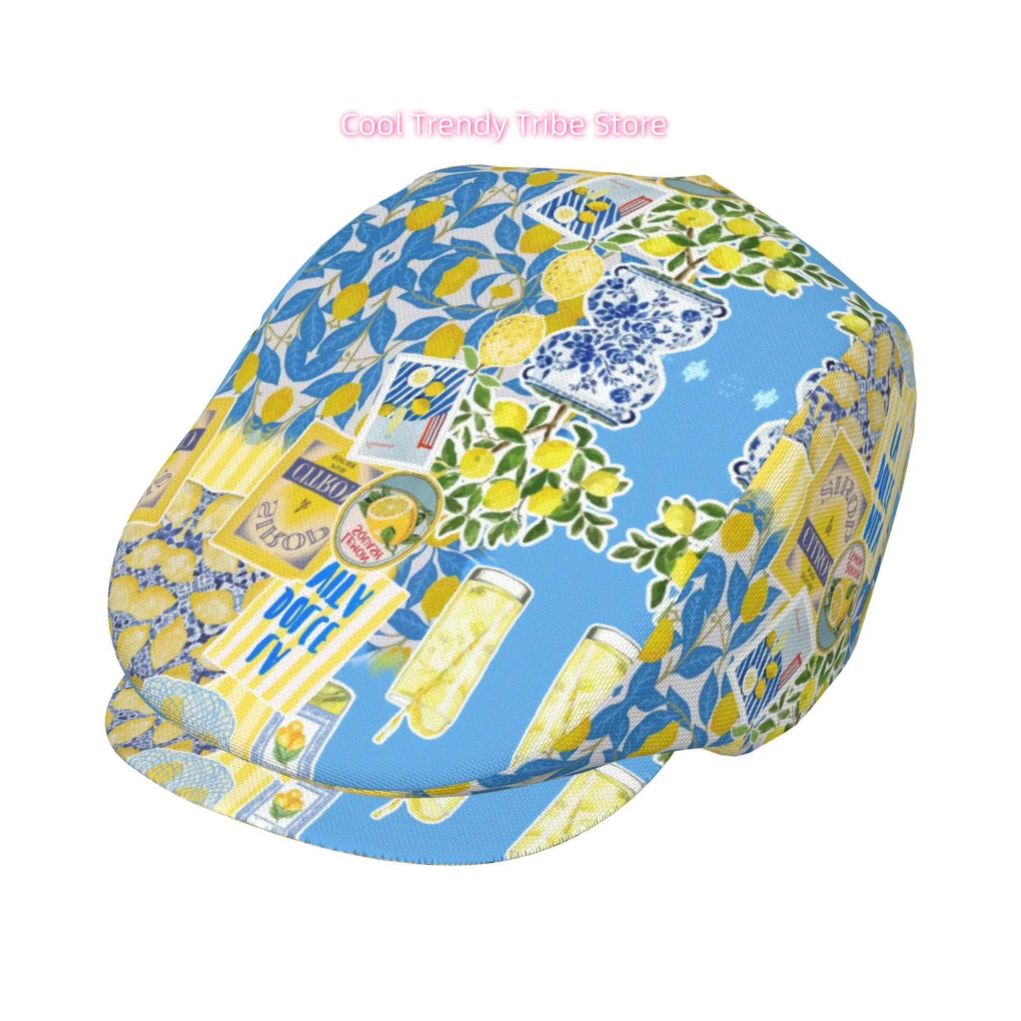 1pc Lemon La Vita Collage Full Face Print Beret Cap - Full-Width Lemon & La Vita Logo Design, Adjustable Unisex Newsboy/Golf Hat