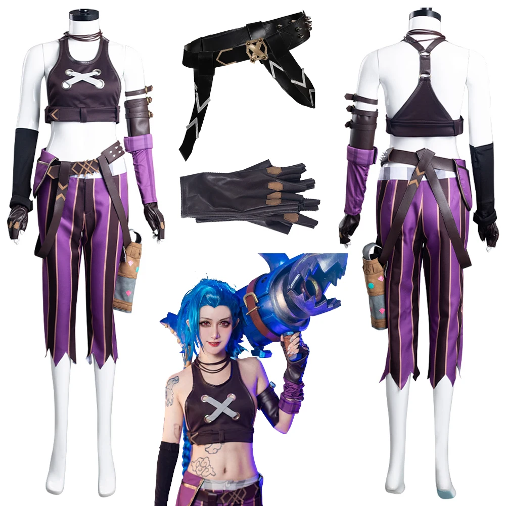 Woman Fancy Arcane Jinx Cosplay Hat Waist Belt Sleeve Cover Game LoL Costume Disguise Female Roleplay Fantasia Outfits For Women