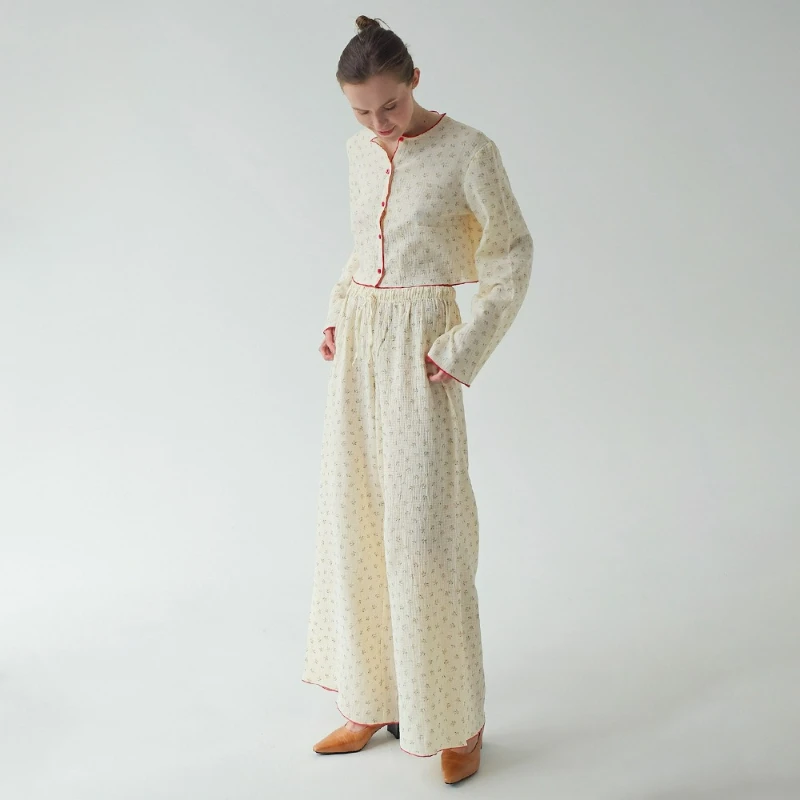 

Женский пижамный комплект из чистого хлопка с длинными брюками и принтом, осень 2026, новая пижама контрастного цвета в европейском и американском стиле, домашняя одежда