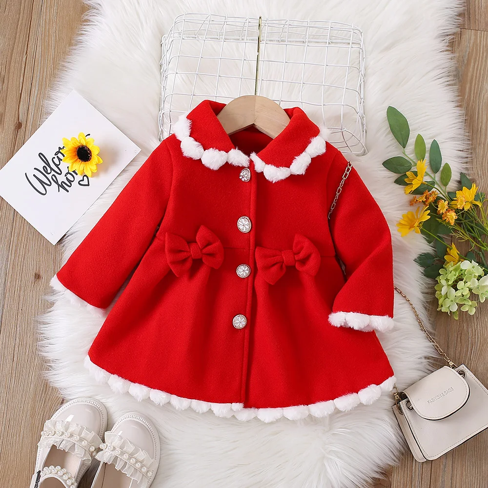 Spring and Autumn Girls\' Coat Baby Girl\'s Two Bow Single breasted Hairy Cuffs Bottom Color Casual Coat