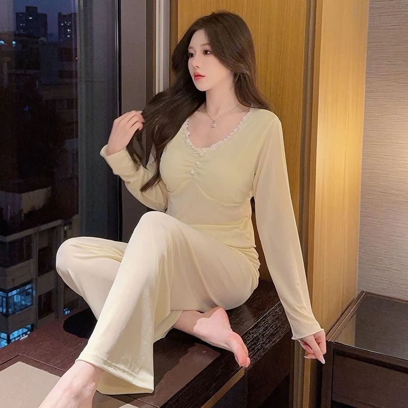 

2026 Spring Long Sleeve Silk Satin Sexy Lace V-neck Lingerie Pajama Sets for Women Sleepwear Homewear Pijama Mujer Home Clothes