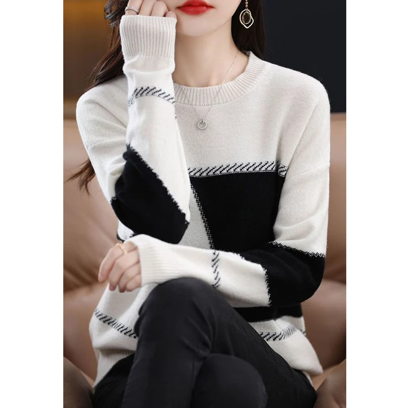 Autumn Winter New 2022 Korean Elegant Fashion Contrast Color Loose Warm Knitted Sweater Women Casual Pullover Top Female Clothes