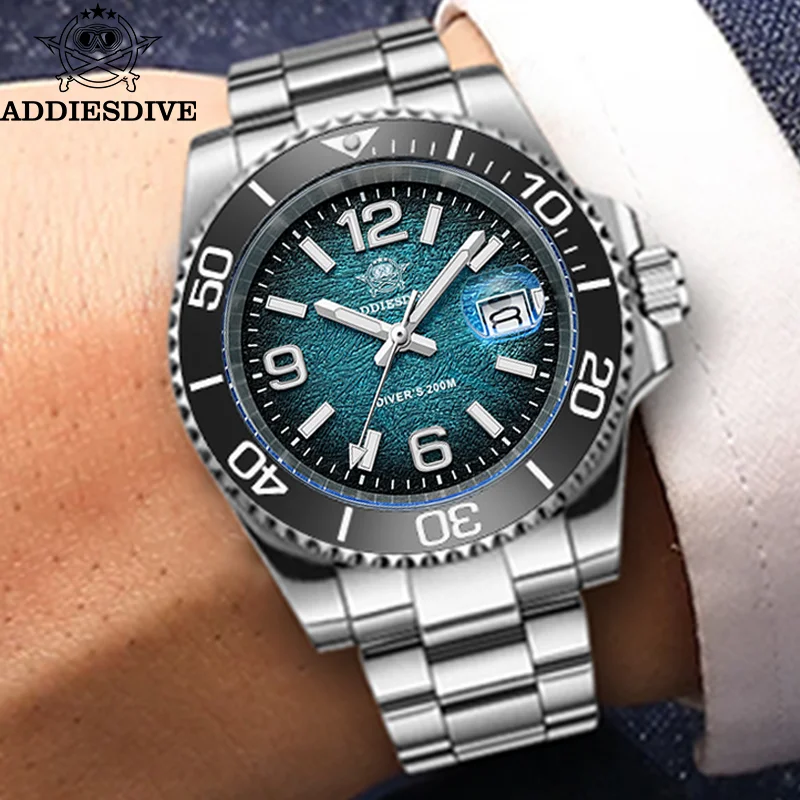 ADDIESDIVE Quartz Watches Men 41mm Fashion Gradient Japan 2115 AR Coated Waterproof 200m Dive Watch BGW9 Luminous Reloj Hombre