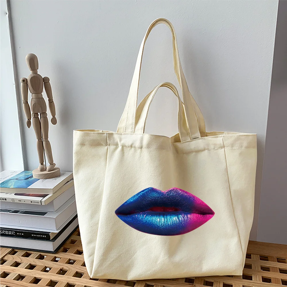 Women's Fabric Shopping Bag Fashion Trend Classic Mouth Series Pattern Shoulder Bag Reusable Black Print Canvas Tote Bag Shopper