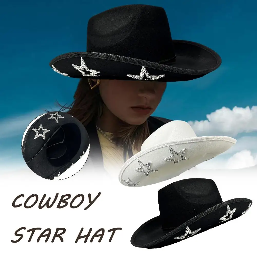 

Retro Resin Diamonds Five-Pointed Star Western Big Unisex High-quality Sun Hat Outdoor Hat Denim Brim Cowboy Cap Felt Jazz W8D8