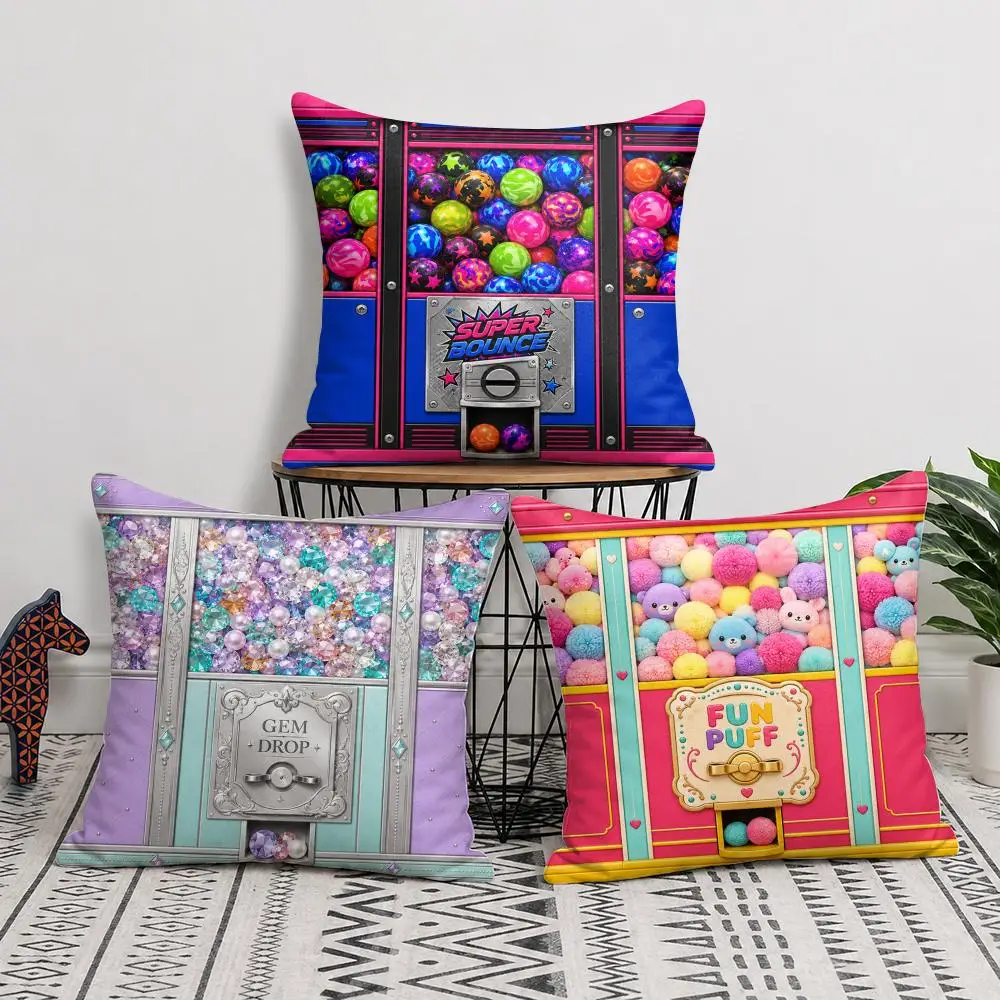 Gumball Machine Pattern Cushion Cover Short Plush Soft Double-Sided Printing Pillow Case Cozy Sofa Bedroom Home Decor Gift