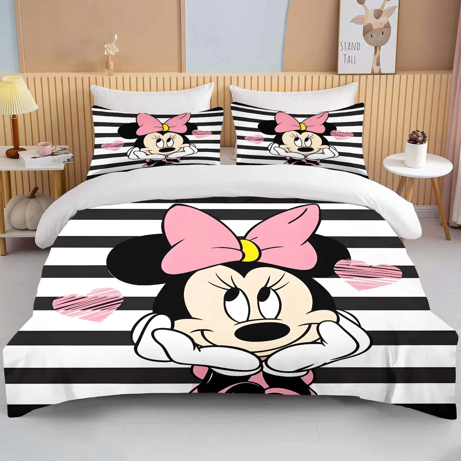 Imagem -06 - Disney-minnie Mouse Impresso Conjunto de Cama para Crianças e Adultos Capa de Edredão Consolador Fronha Rosa Rei Amor Desenhos Animados Meninos Meninas Adultos Presente