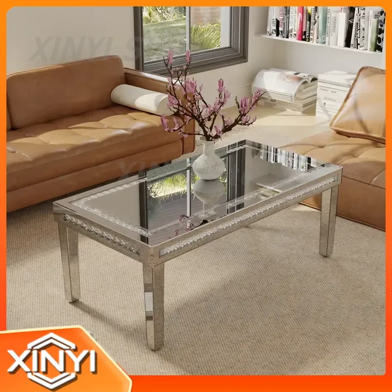 Luxury Rectangular Crushed Diamond Mirrored Coffee Table for Modern Living Room Sofa Set Decor Silver Glam Accent Furniture