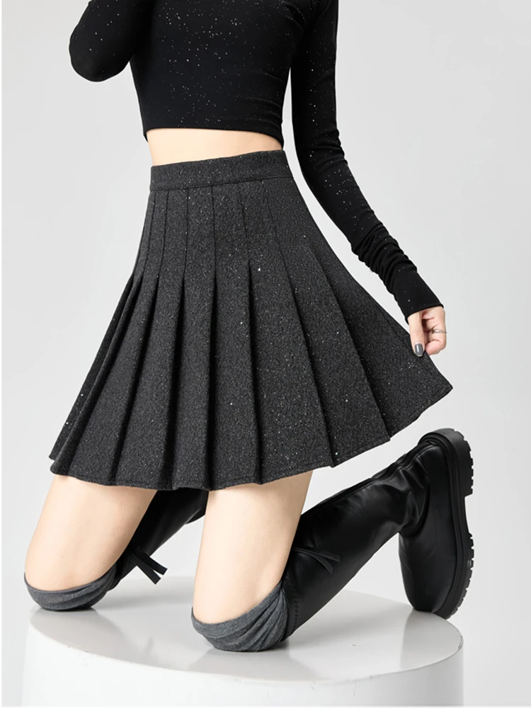 

Harajuku Grey Black Mini Pleated Skirt Women Vintage Streetwear Sequin Kawaii Winter Skirts With Shorts A-line Y2K Falda Plisada