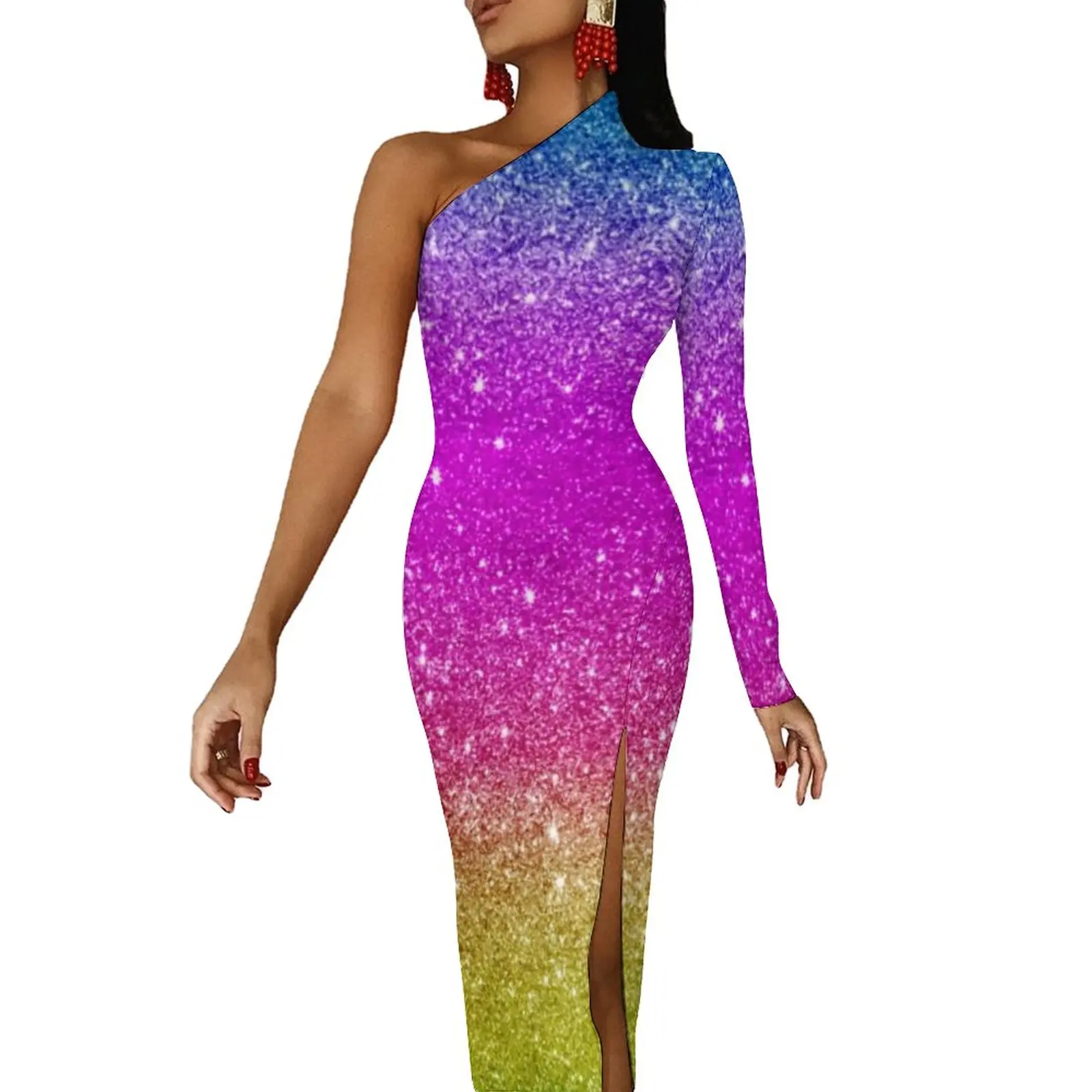 Sparkle Rainbow Side Split Bodycon Dress Women Glitter Stripes Night Club Maxi Dress Long Sleeve Party Graphic Dresses Gift Idea