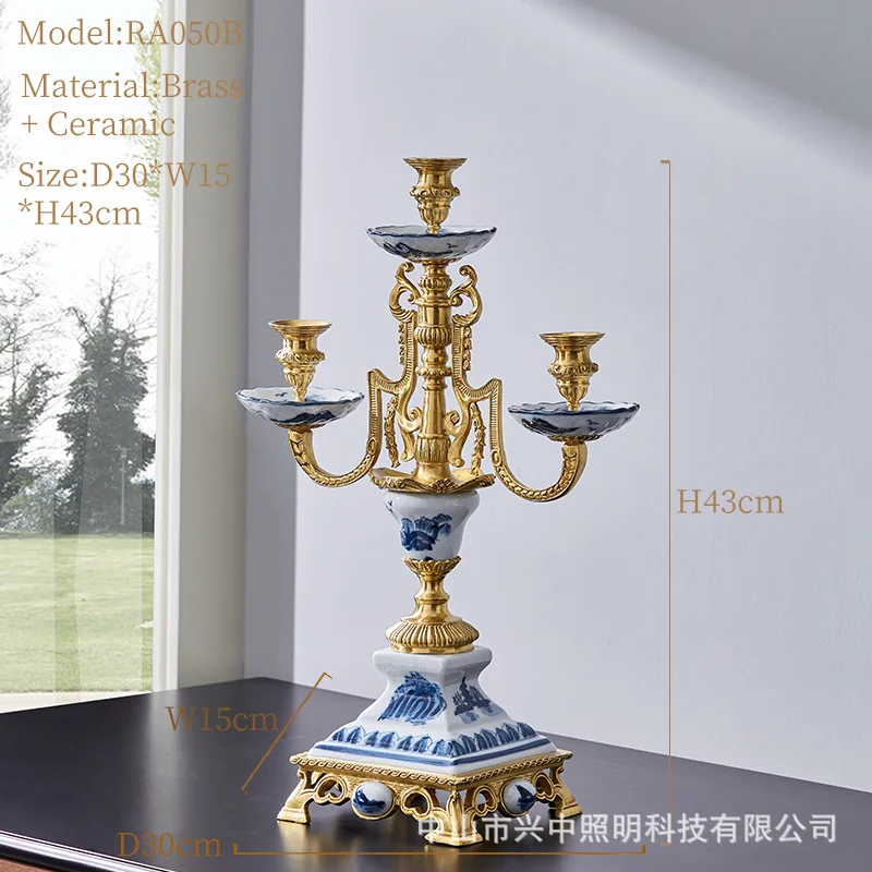 DSA luxury soft home model room decoration, luxury nostalgic ceramic with copper candlestick creative ornament