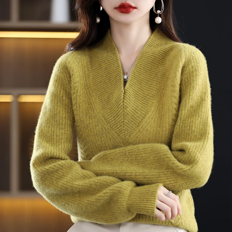 

Autumn Winter New Women's V-Neck 100% Pure Wool Pullover Comfortable Loose Knitted Sweater Versatile Trendy Warm Sweater