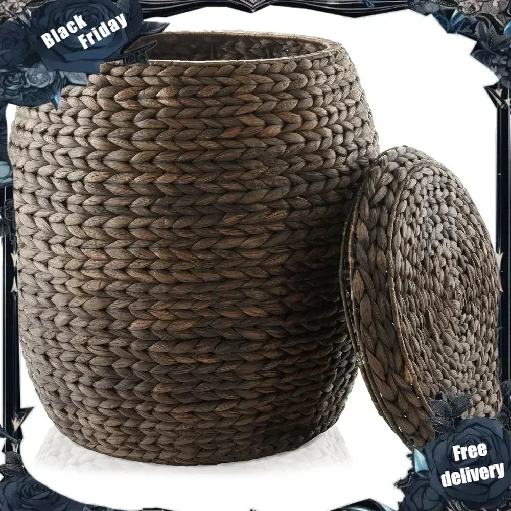 

Round Storage Basket with Lid - Espresso, Handwoven Water Hyacinth Organizer for Laundry, Blankets, Plants, Bedroom