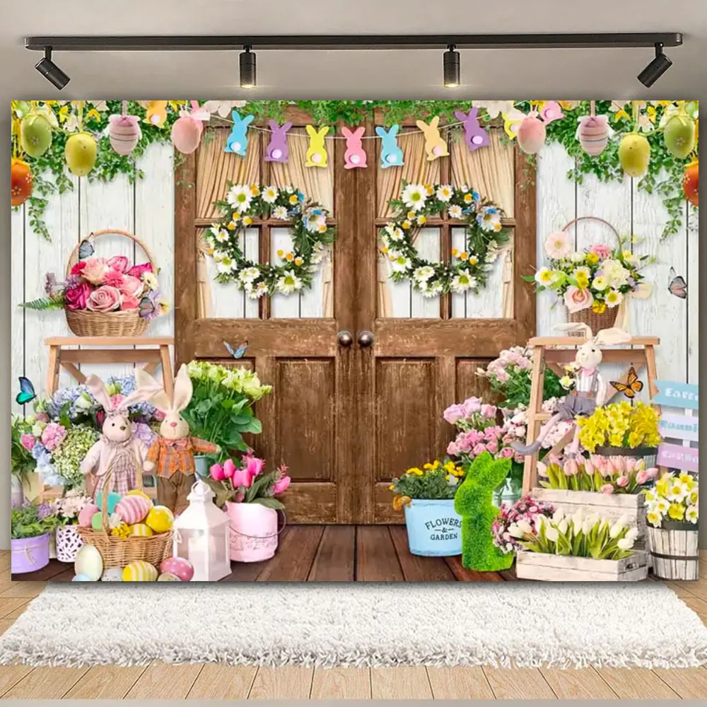 Fondo de fotografía de Pascua feliz, escena AI, casa de madera, flores, conejo, huevos, decoración de fiesta de cumpleaños, fondo para Baby Shower