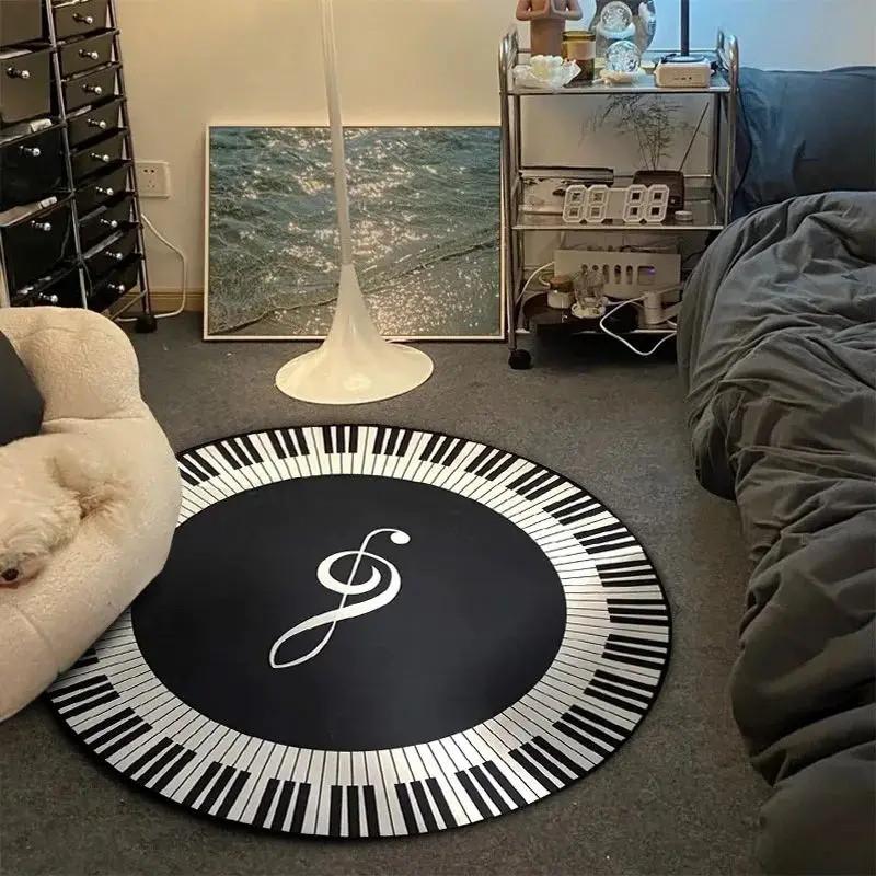 VIKAMA Piano Keyboard Round Rug Black White Non-slip Soft for Living Room Bedroom Home Decor