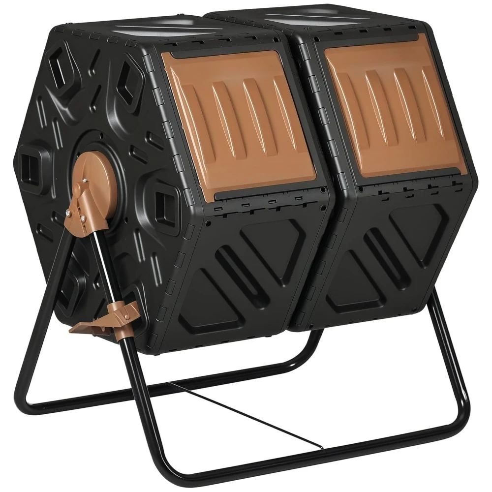 

Dual Chamber Compost Tumbler Bin, Outdoor Tumbling Composter with 24 Ventilation Openings and Steel Legs, Customized