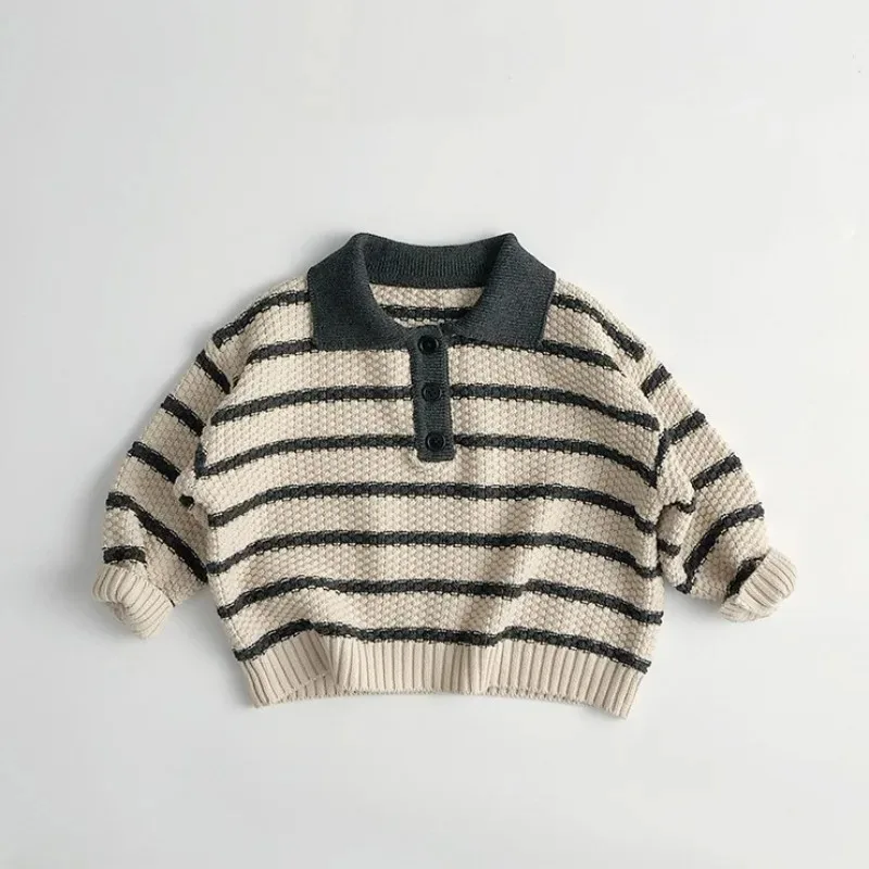 

Trendy Childrens Striped Sweater Spring and Autumn Boys Girls Turn-down Collar Long Sleeve Knit Tops Kids Casual Clothes