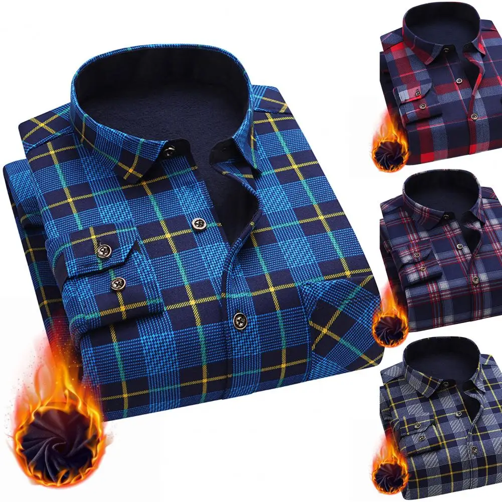 Men Winter Shirt Plaid Print Soft Long Sleeves Thick Plush Keep Warm Cardigan Single-breasted Spring Shirt for Daily Wear