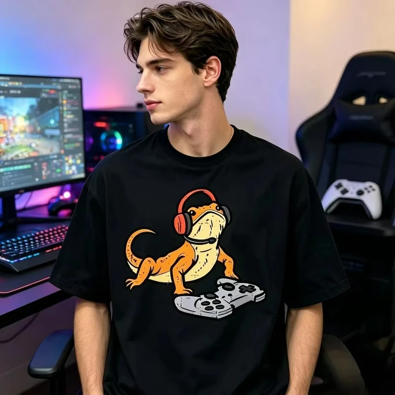 Gamer Bearded Dragon T-Shirt Men Lizard Headset Controller Print Reptile Lover Gaming Casual Tee