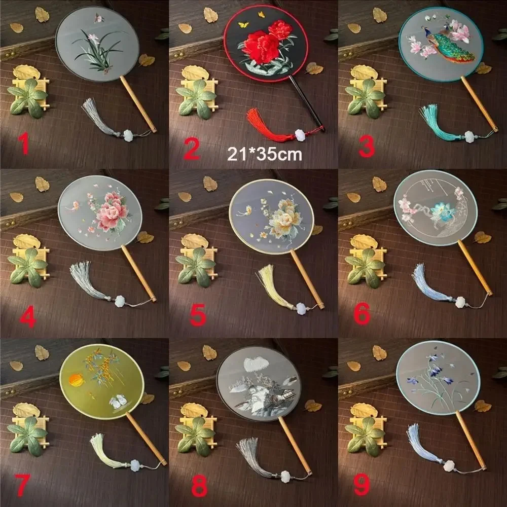 1PC Vintage Hand Fan Chinese Silk Embroidered Round Fan Lutous Flower Home Decoration Ornaments Dance Fan