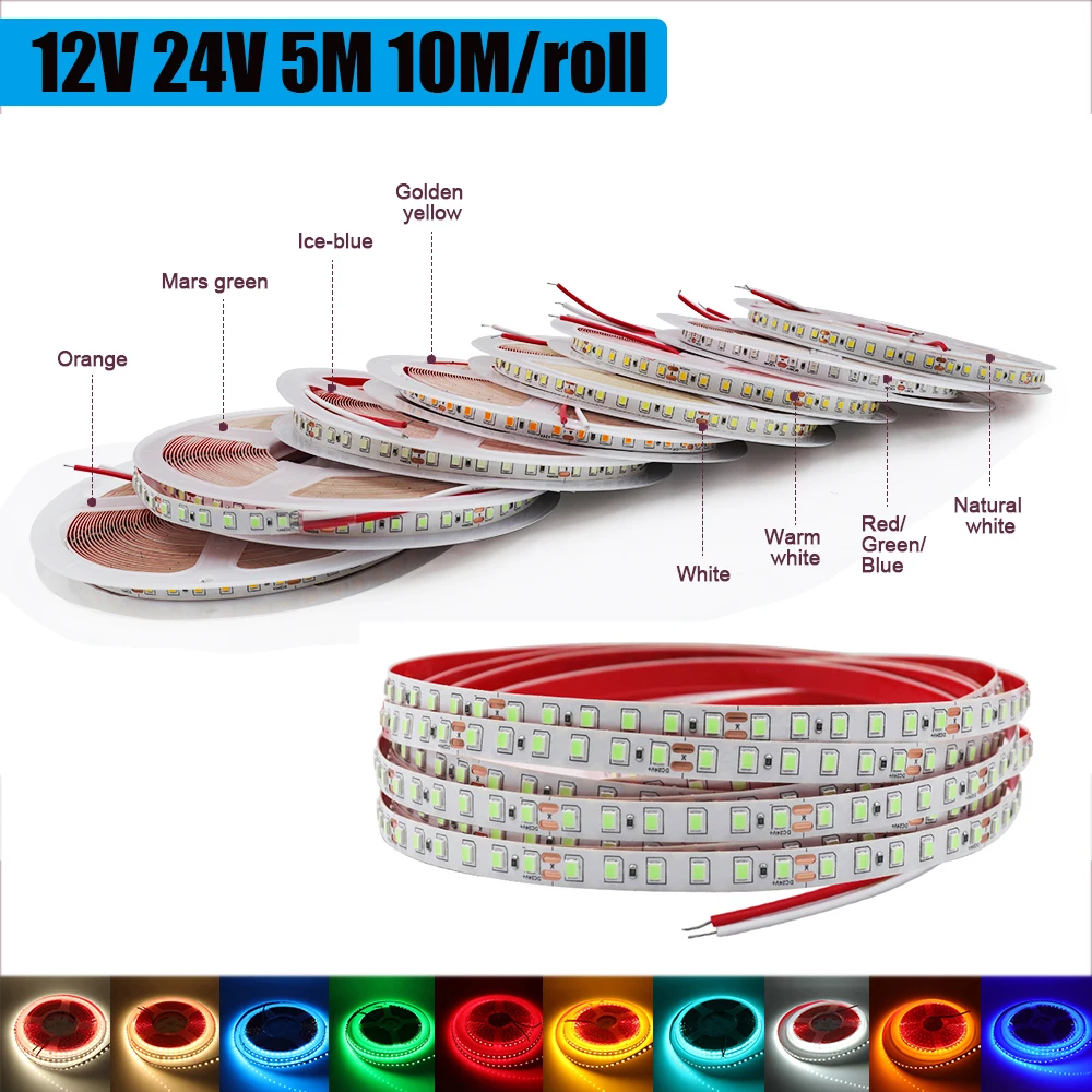 Pasek LED DC 12V 24V 5M 10M/Roll SMD 2835 120 diod/M czerwony niebieski różowy żółty lodowy blękit biały IP21 elastyczny taśma wstążkowa światła