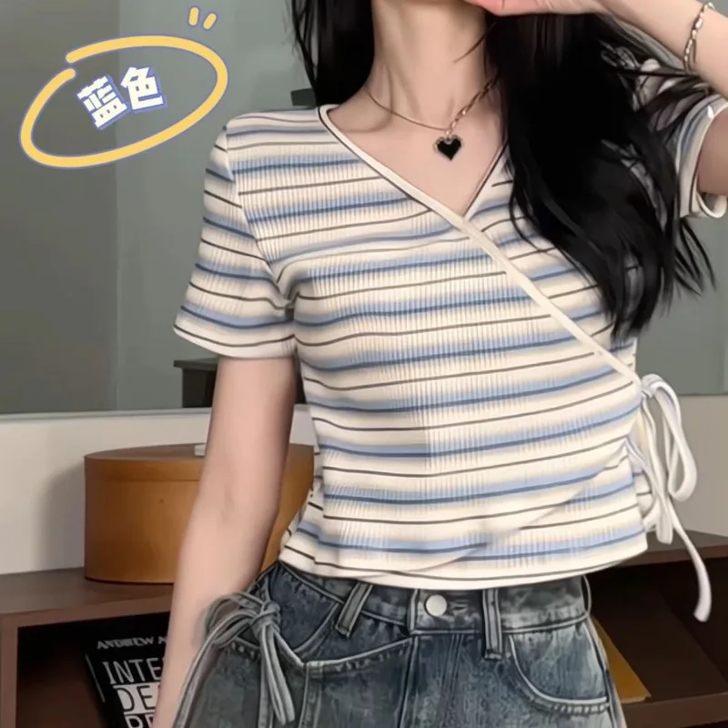 

Women Clothes Summer Fashion Korean Striped Contrasting Colors O-neck Female Simplicity Refreshing Appear Thin Short Sleeve Tops