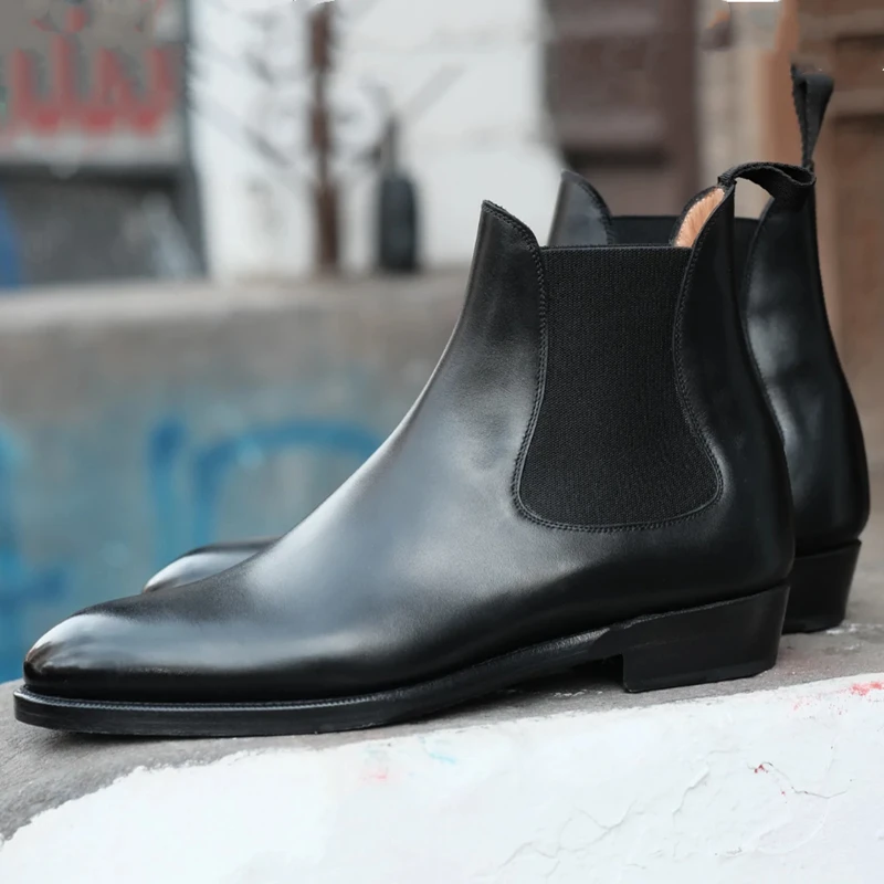 Chelsea Boots for Men  Genuine Leather Black Ankle Round Toe Business Classic Handmade Men Short Boots Botas De Hombre