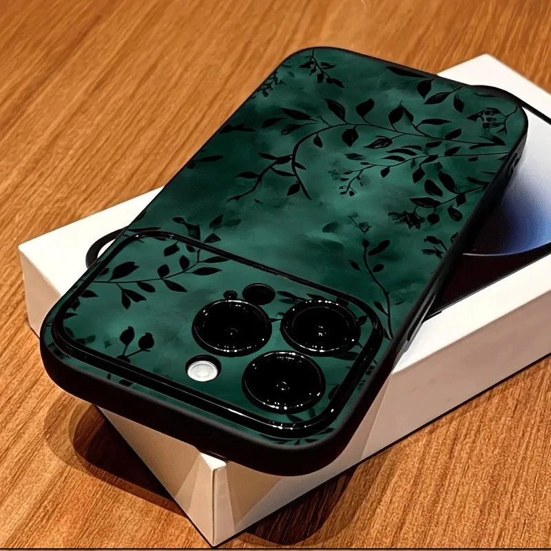 Dunkel Smaragdgrüner Hintergrund mit Blattsilhouetten und botanischen Zweigen, Handyhülle für iPhone 18 17 16 15 14 13 12 11 Pro Max Plus