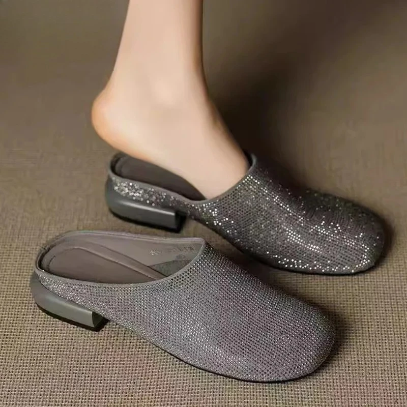 

Crystal Women Mules Shoes Summer Slippers Heeled Sandals Elegant 2025 New Slingback Party Woman Flip Flops Brand Mujer Sandalias