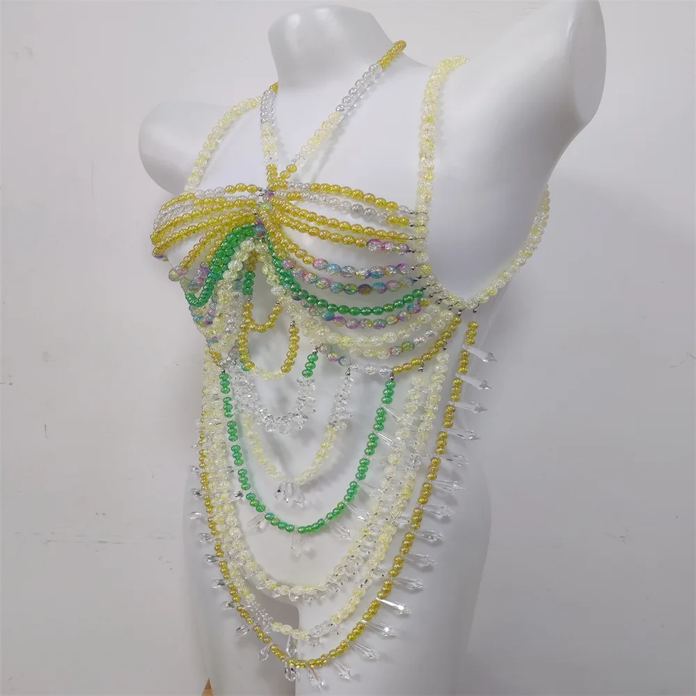 New Handmade Pearl Acrylic Necklace Multi-Layered Sexy Hottie Bustier Vest Multi-Layered Chest Chain Gemstone Beaded Body Chain