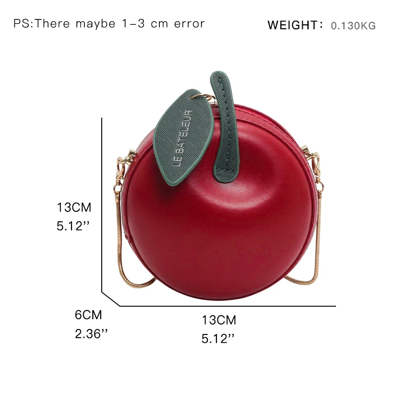 MABULA PU Leather Apple Shape Zip-around Purse Christmas Style Solid Color Fashion Shopping Crossbody Satchel Women Lipstick bag