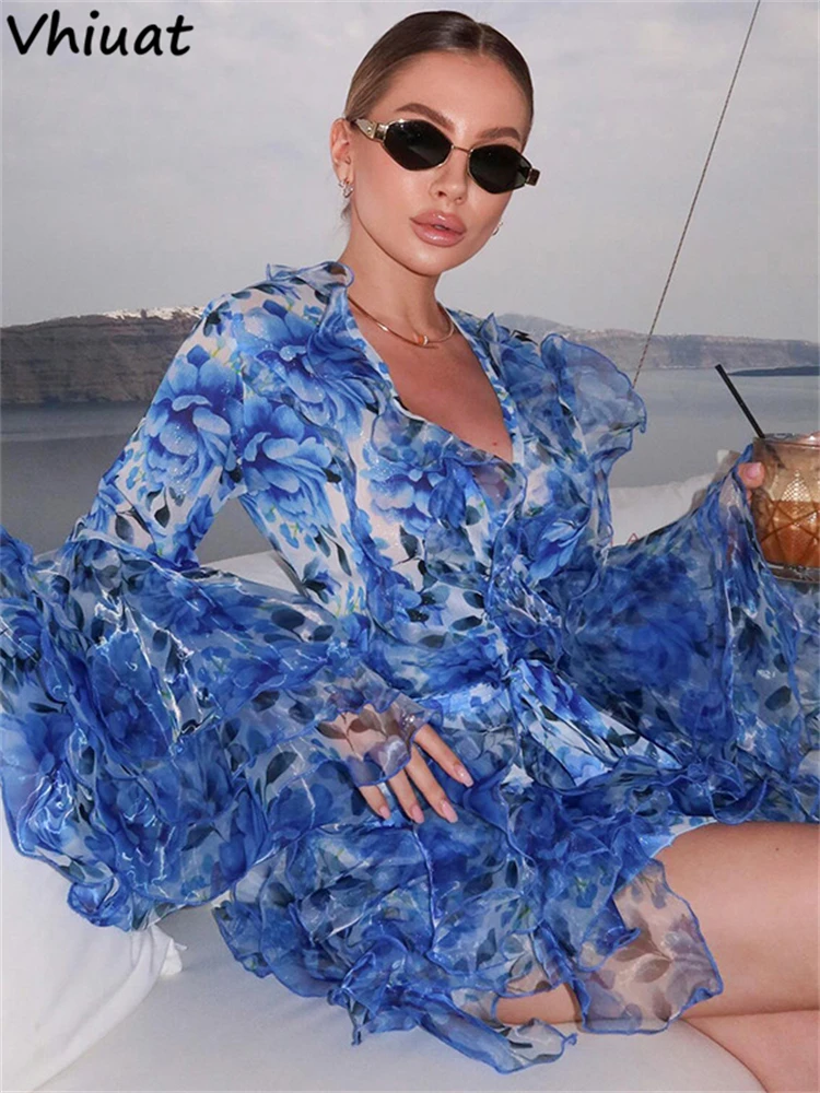 

Vhiuat Print Sexy Flare Sleeve Mini Dress Fashion Summer Ruffles Lace Up A-line High Waist Gown Sweet Evening Party Club Vestido