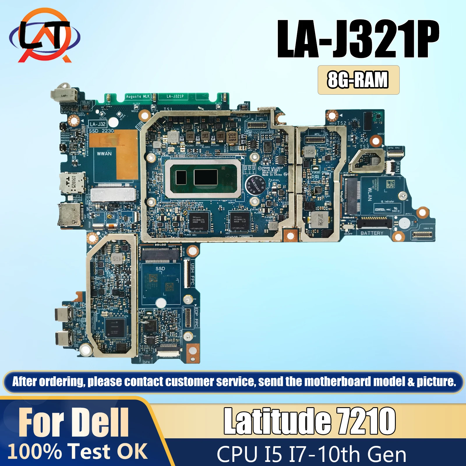 

LA-J321P For Dell Latitude 7210 Laptop Mainboard 0CTKYT 09XR7X With i5-10310U i7-10610U CPU 8GB RAM Motherboard