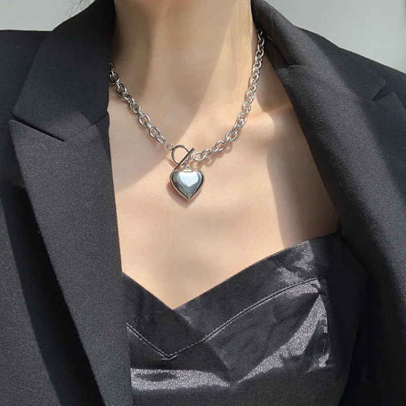 Punk Stainless Steel Long Thick Chain Toggle Heart Pendant Necklace For Women Men Goth Choker Necklaces 2024 Trend Neck Jewelry
