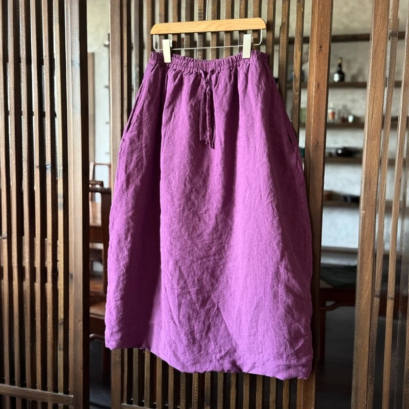 Thick Cotton Linen Casual Skirt Women New Arrival 2025 Autumn Vintage Style Solid Color Loose Female A-line Long Skirt M2069